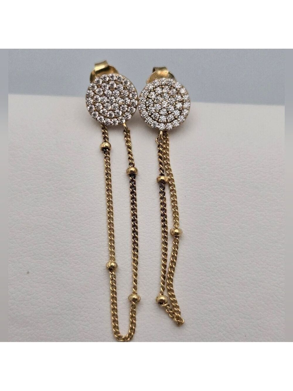 Gold Drop Chain Earrings Pavé Crystal Disc 925 Sterling Silver 1.5"